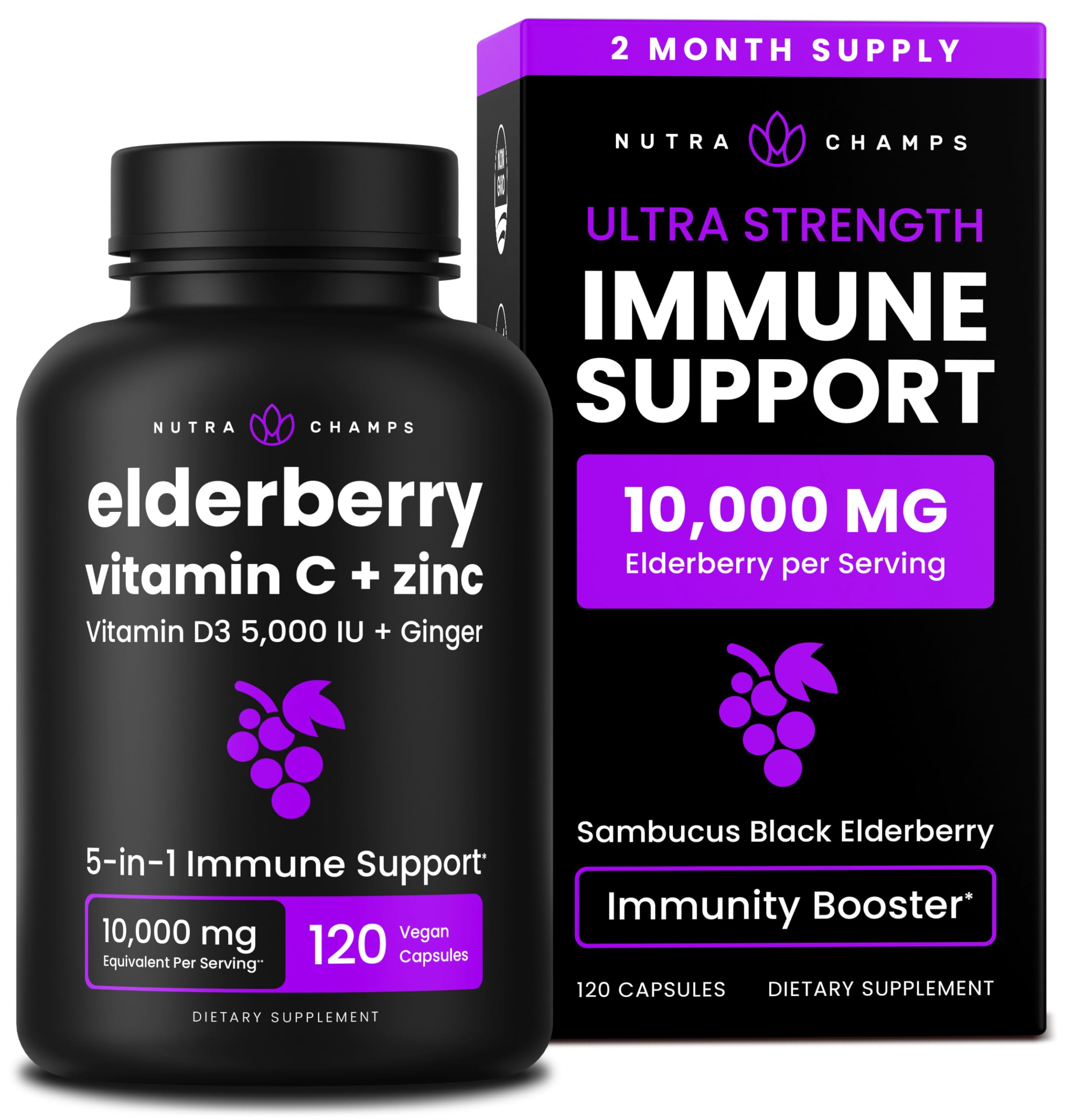 NutraChamps Elderberry 5-in-1 bottle highlighting 10x extract for immune support.