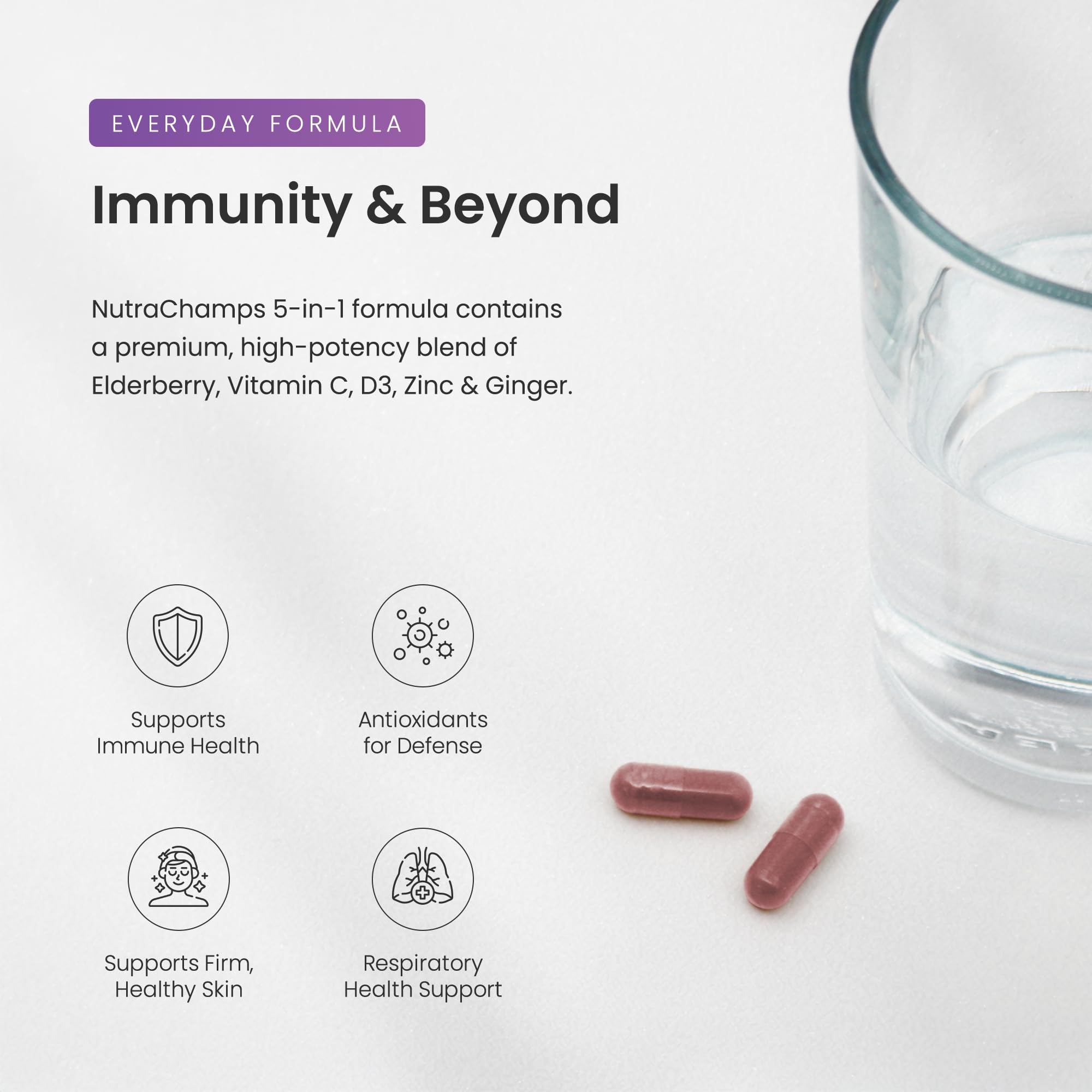 NutraChamps elderberry capsules closeup showing convenient daily immune boosters.