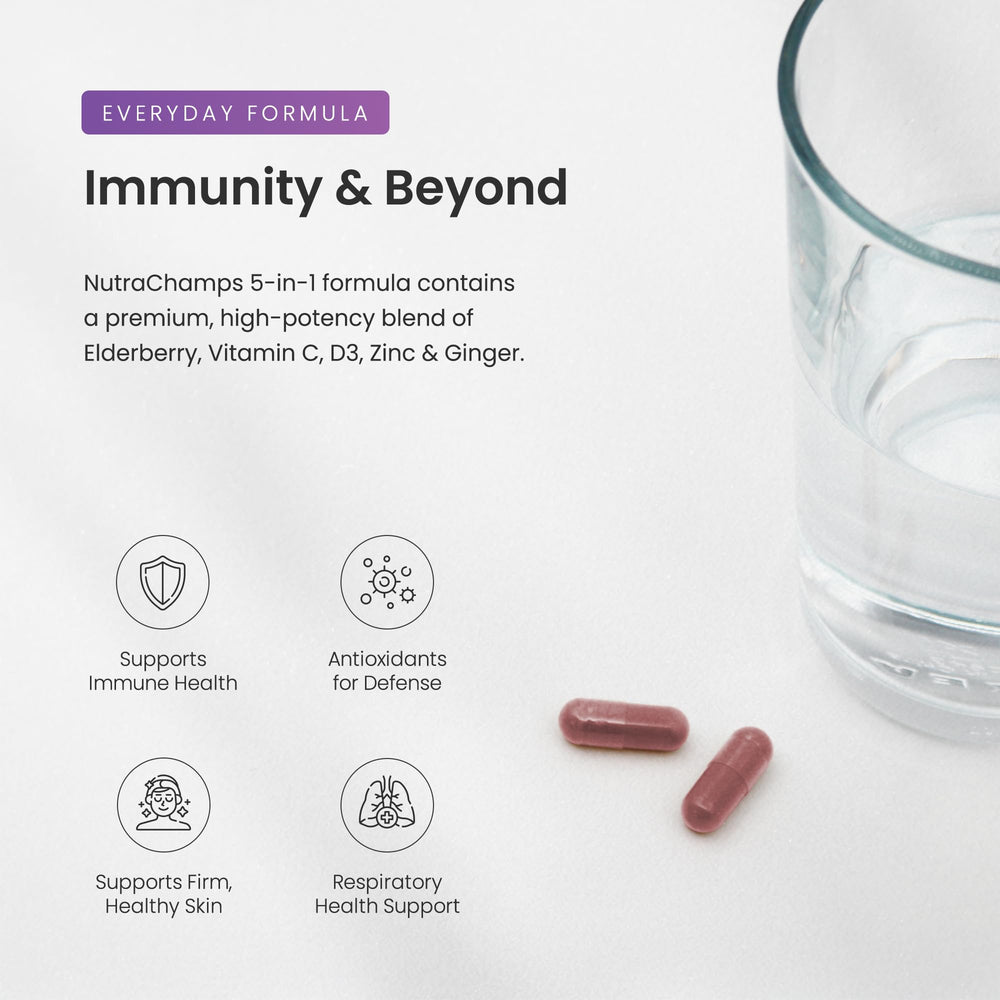 NutraChamps elderberry capsules closeup showing convenient daily immune boosters.