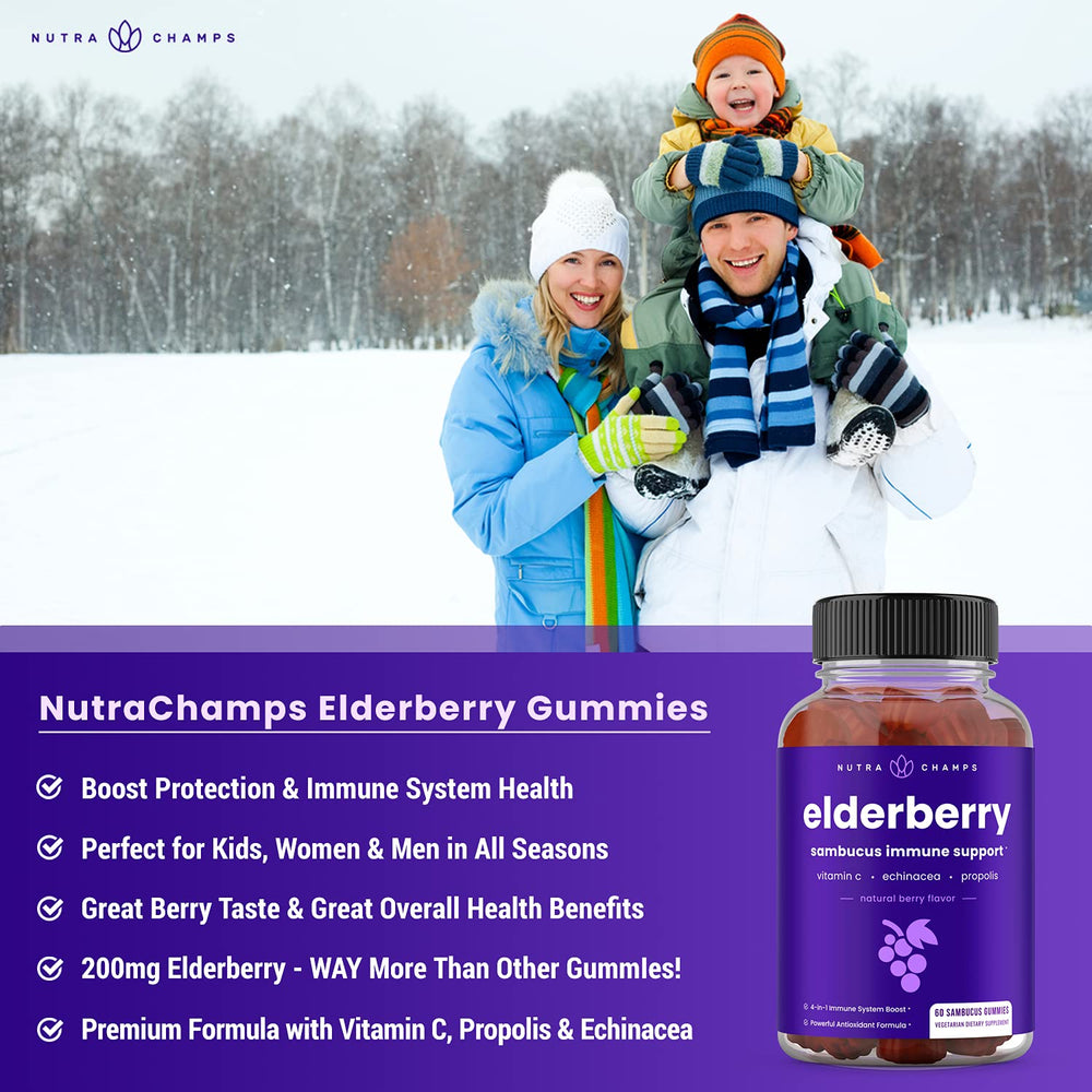 NutraChamps Elderberry Gummies nutrition label showing vitamin C and propolis