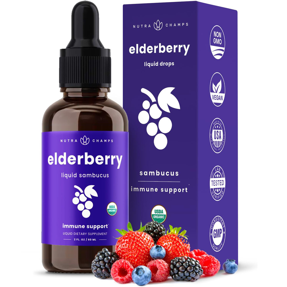 NutraChamps elderberry syrup bottle label showcasing premium ingredients for daily immune support