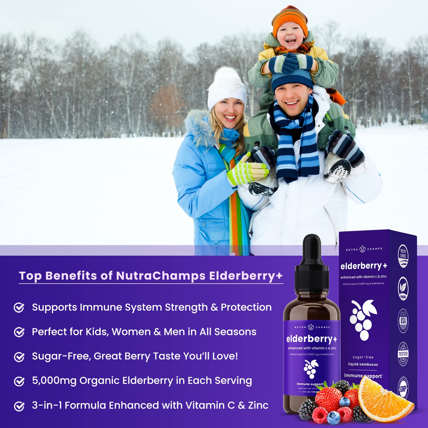 NutraChamps elderberry syrup dropper illustrating easy dosing for family use