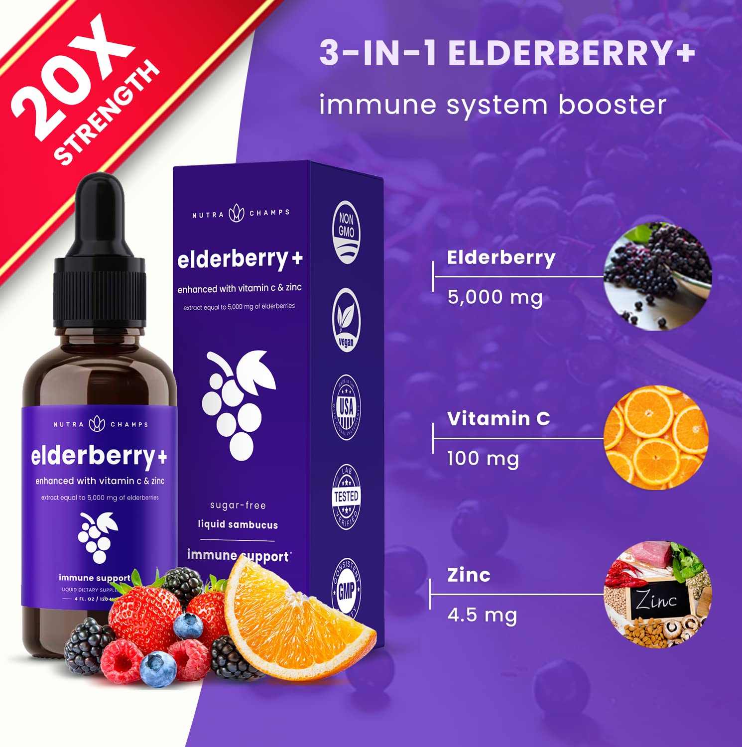 NutraChamps elderberry syrup label close-up highlighting organic ingredients