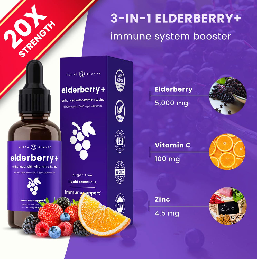 NutraChamps elderberry syrup label close-up highlighting organic ingredients