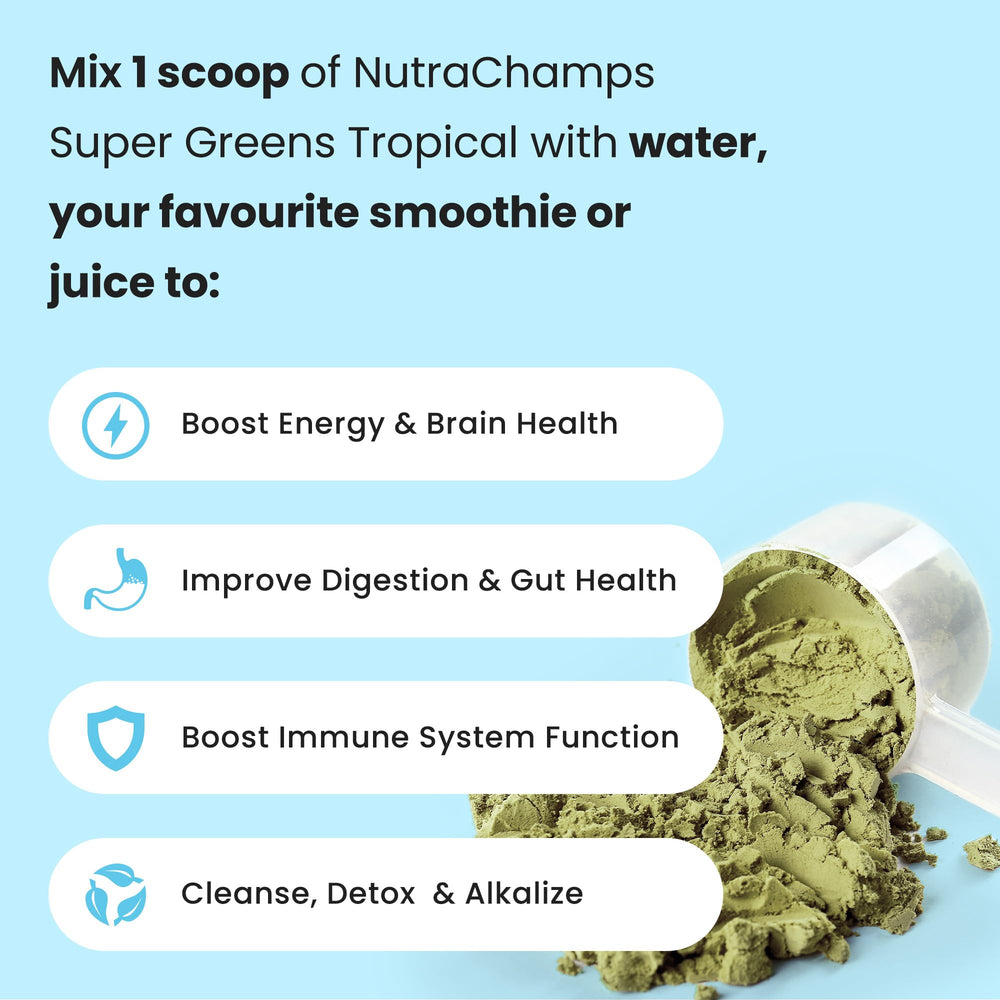 NutraChamps green blend with wheat grass highlighting nutrient-dense greens