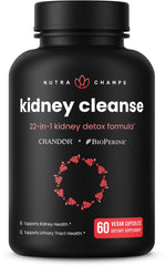 NutraChamps Kidney Cleanse Detox bottle label highlighting urinary health support.