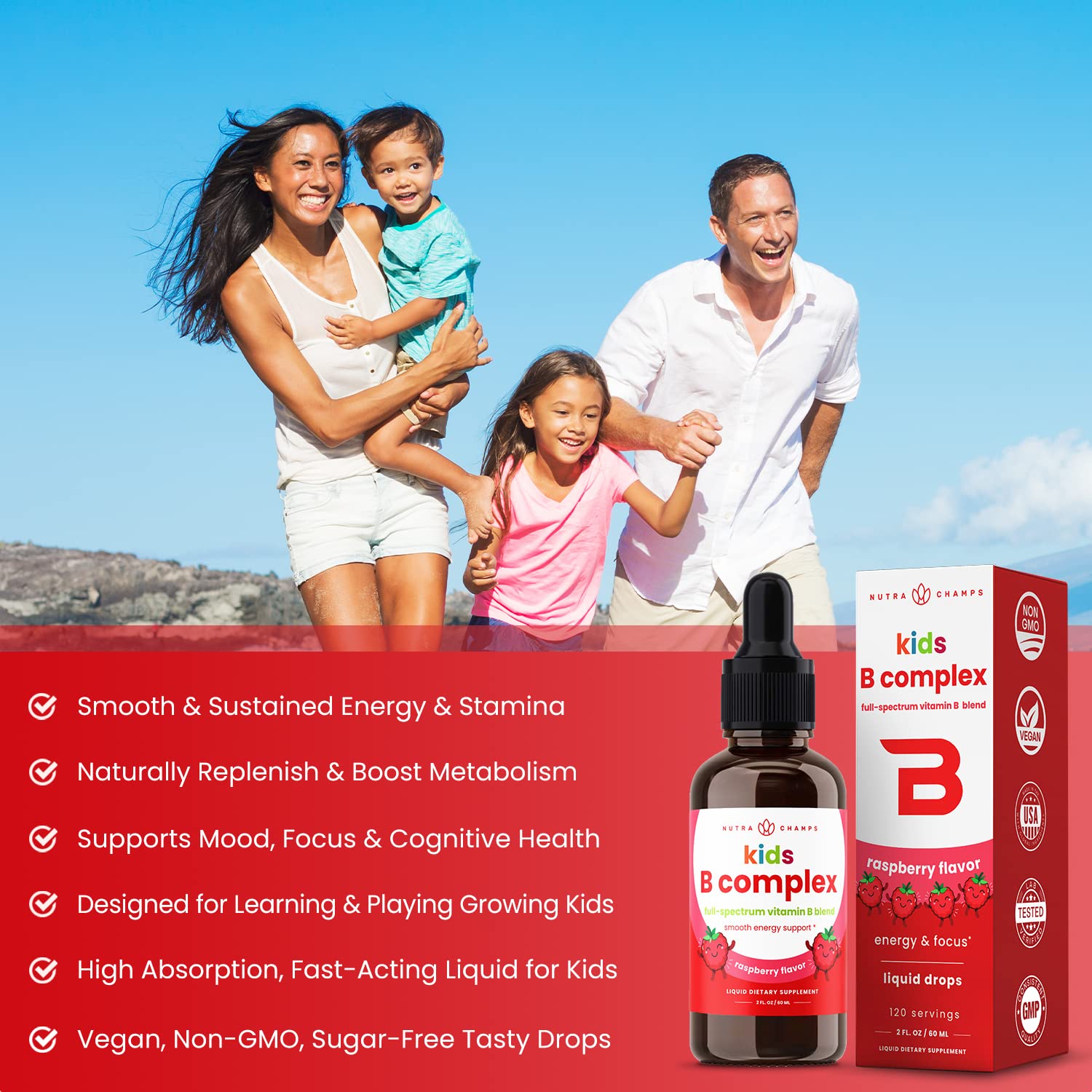 NutraChamps Kids B Complex berry flavor drops ideal for picky eaters.