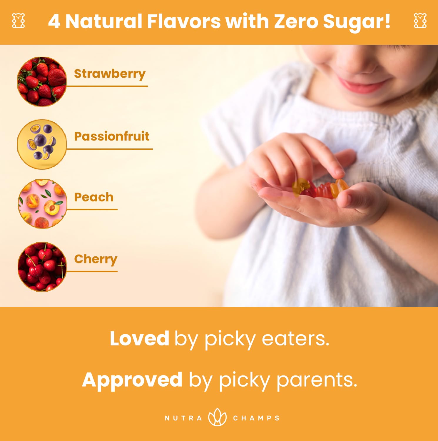 Passionfruit flavor provides a refreshing, sugar-free option in NutraChamps kids vitamins.