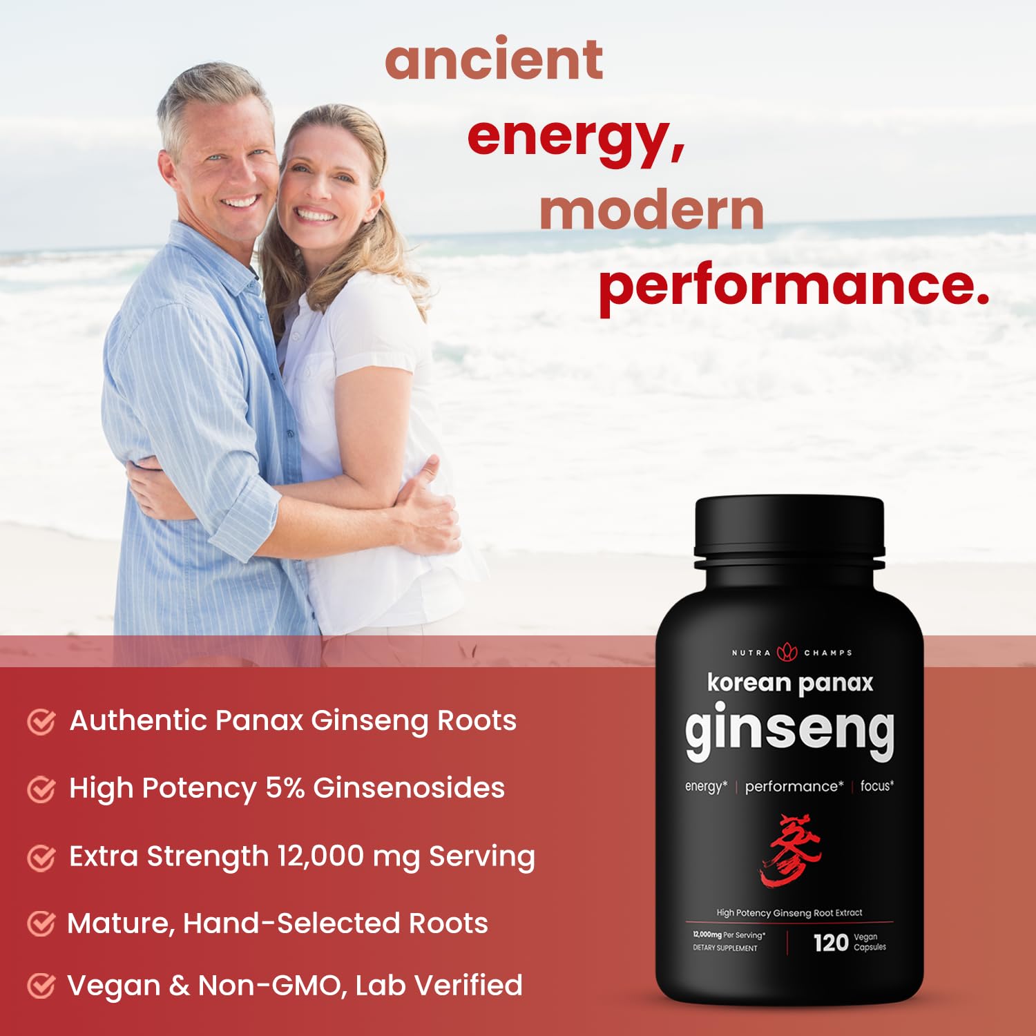 Close-up of NutraChamps label highlighting potency and ginsenoside content.