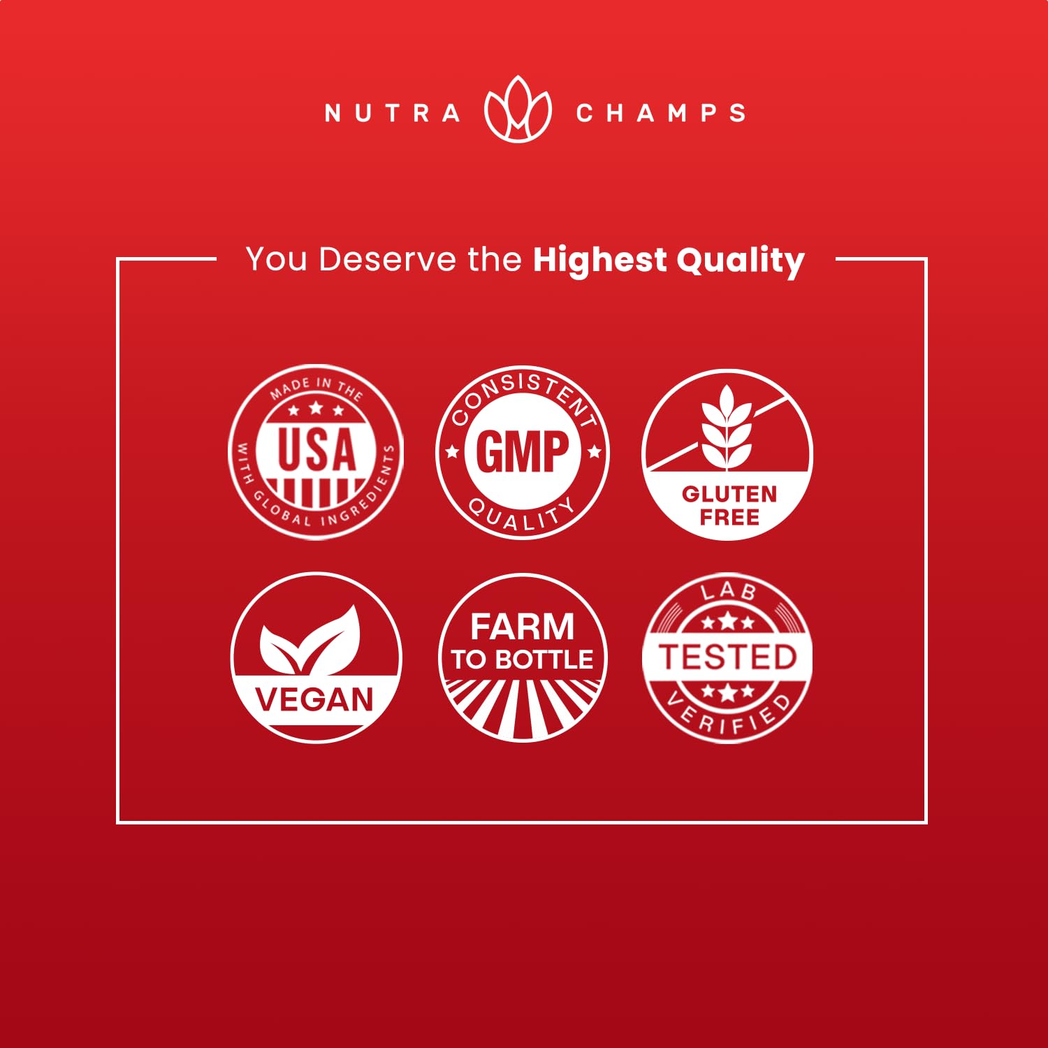 NutraChamps vegan gluten-free icons indicating an allergen-friendly formula.