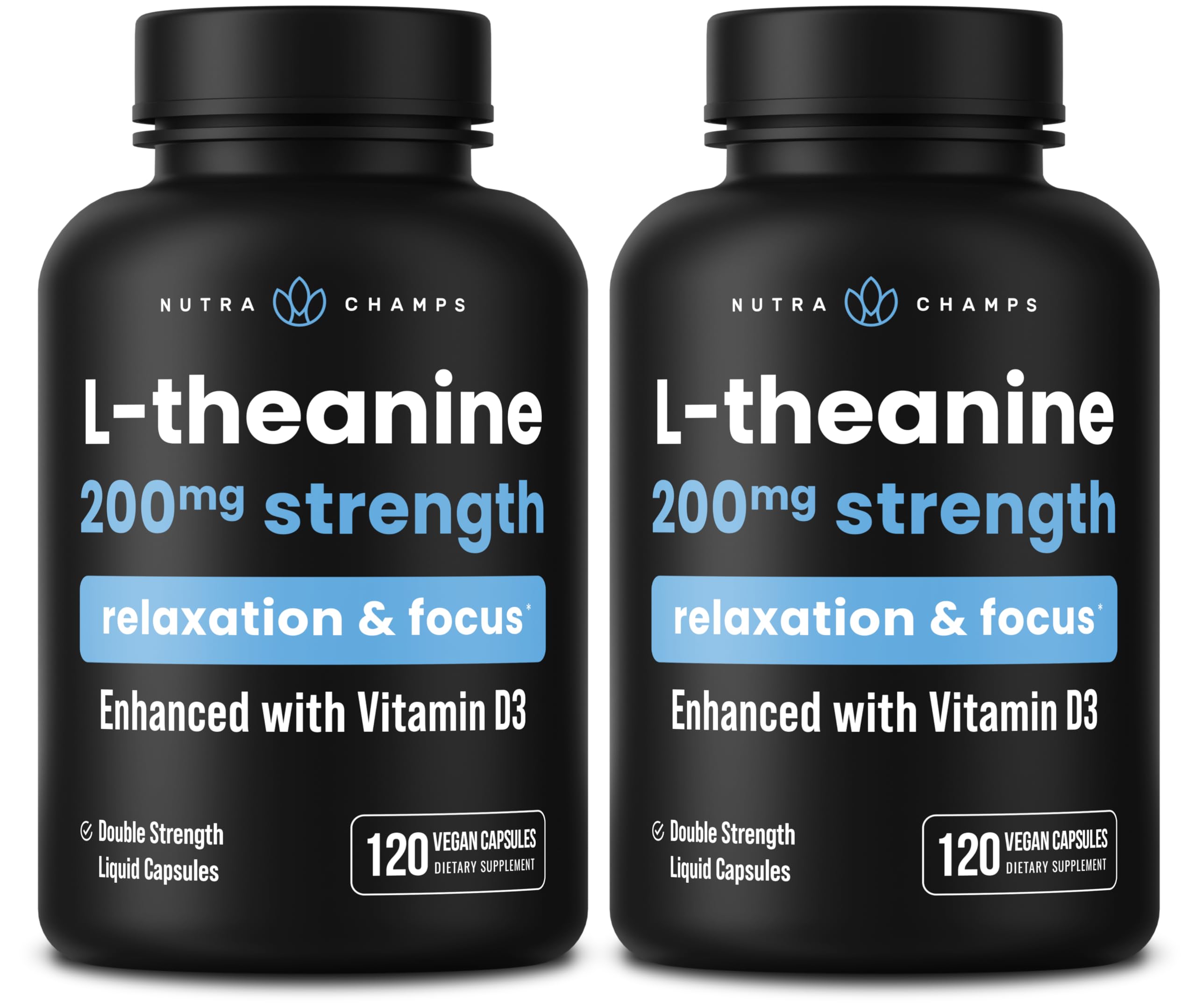 NutraChamps L-Theanine 200mg bottle pour showing calm, focused use