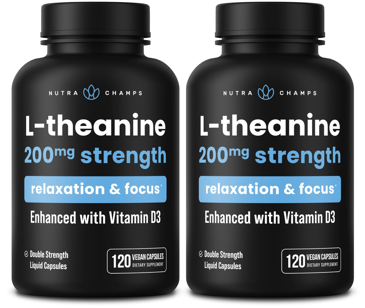 NutraChamps L-Theanine 200mg bottle pour showing calm, focused use