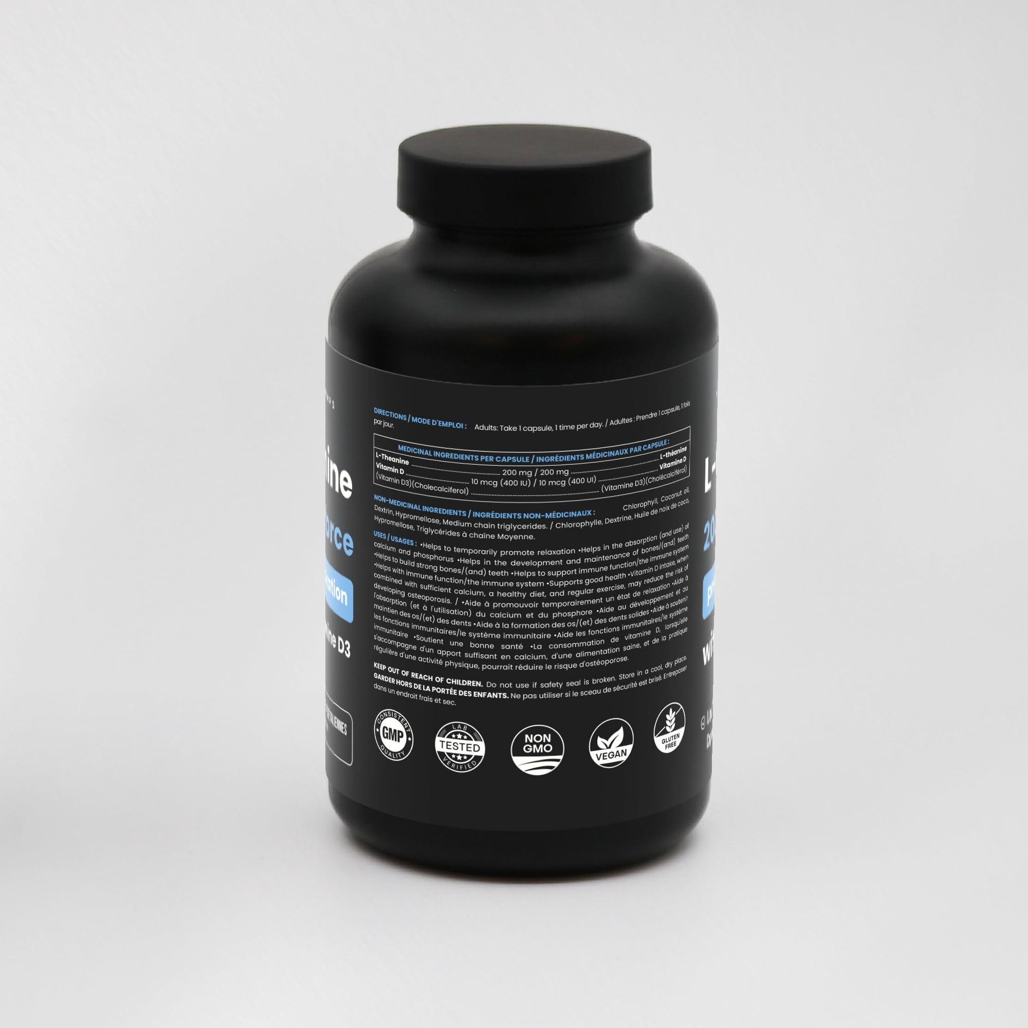 NutraChamps L-Theanine 200mg packaging shot featuring vitamin D3 and vegan capsules