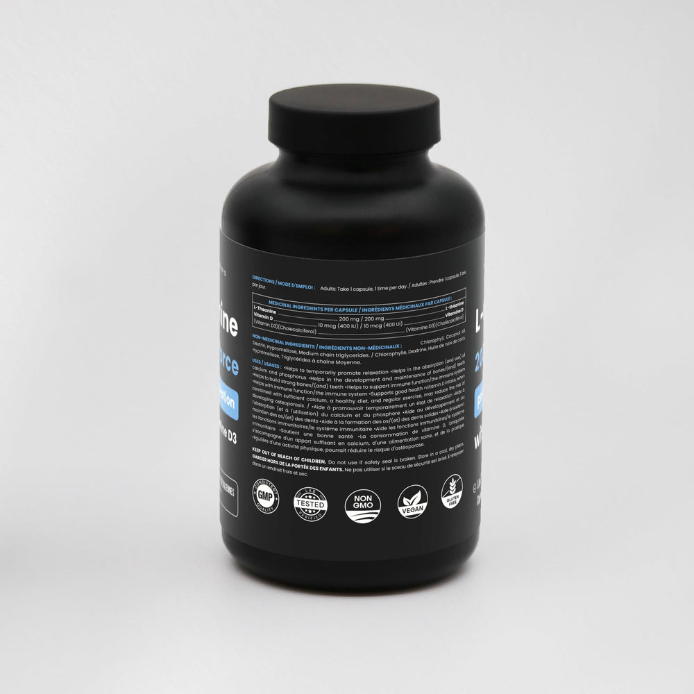 NutraChamps L-Theanine 200mg packaging shot featuring vitamin D3 and vegan capsules
