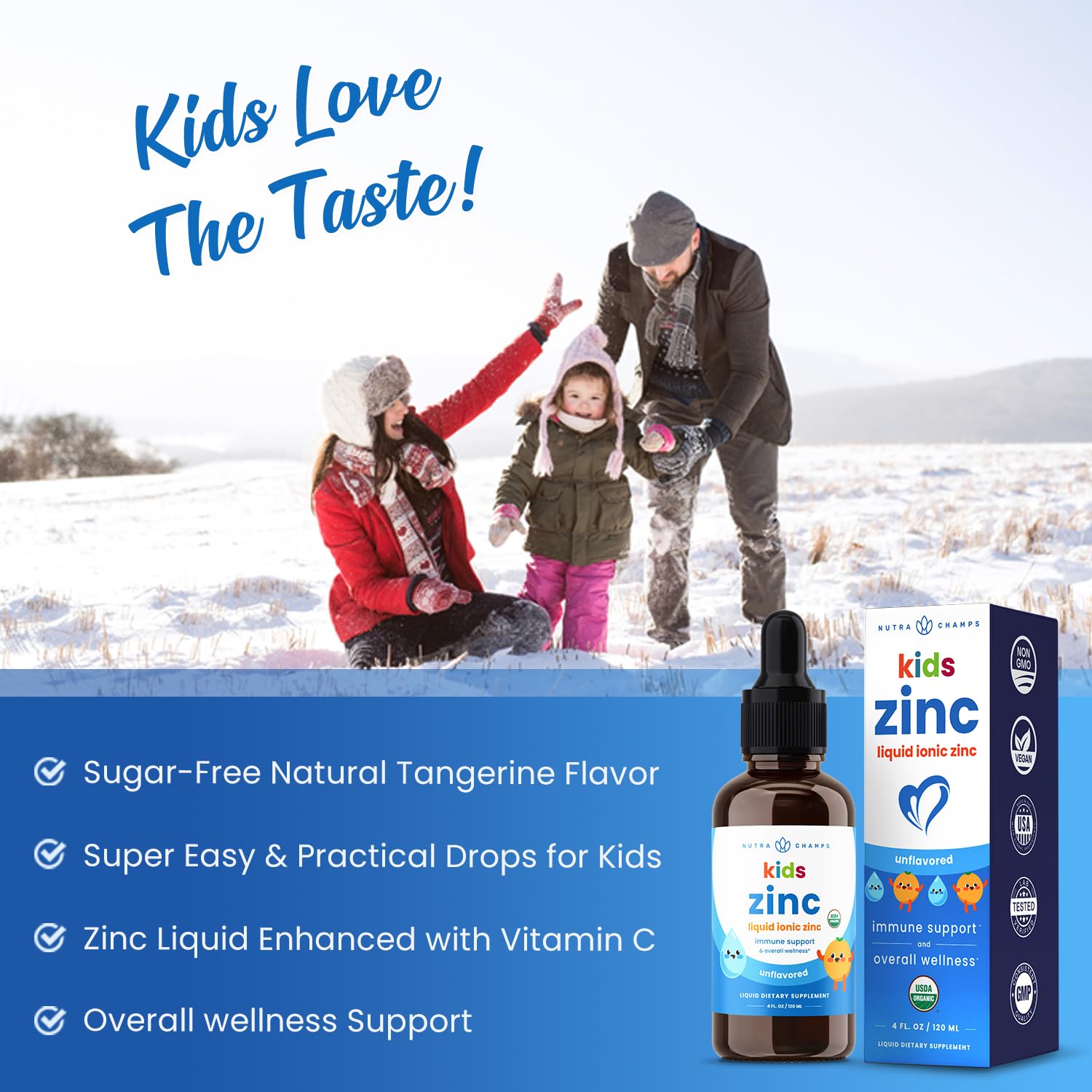 NutraChamps kids zinc drops with vitamin C glass bottle highlights daily use