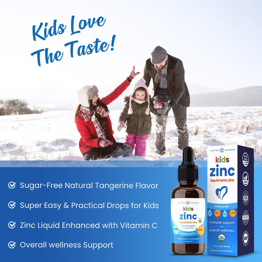 NutraChamps kids zinc drops with vitamin C glass bottle highlights daily use