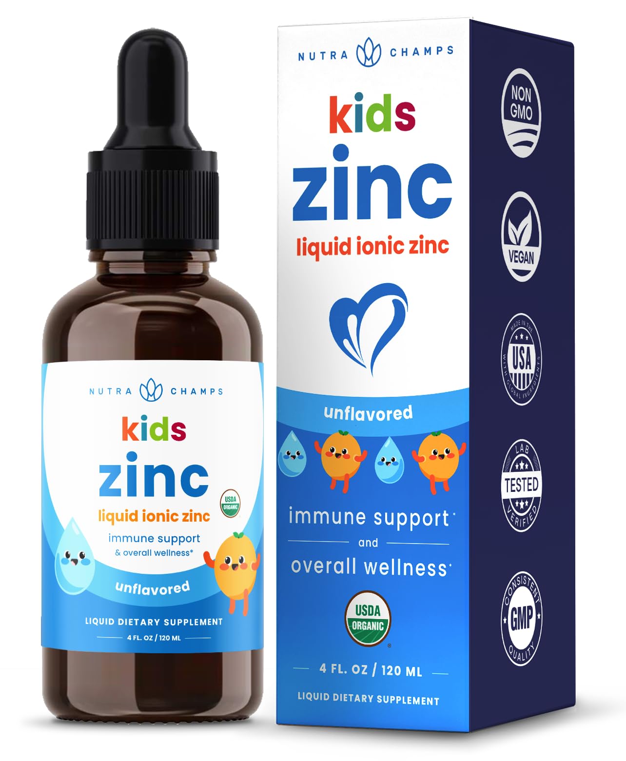 NutraChamps zinc drops for kids in a tangerine bottle with an easy dropper for dosing