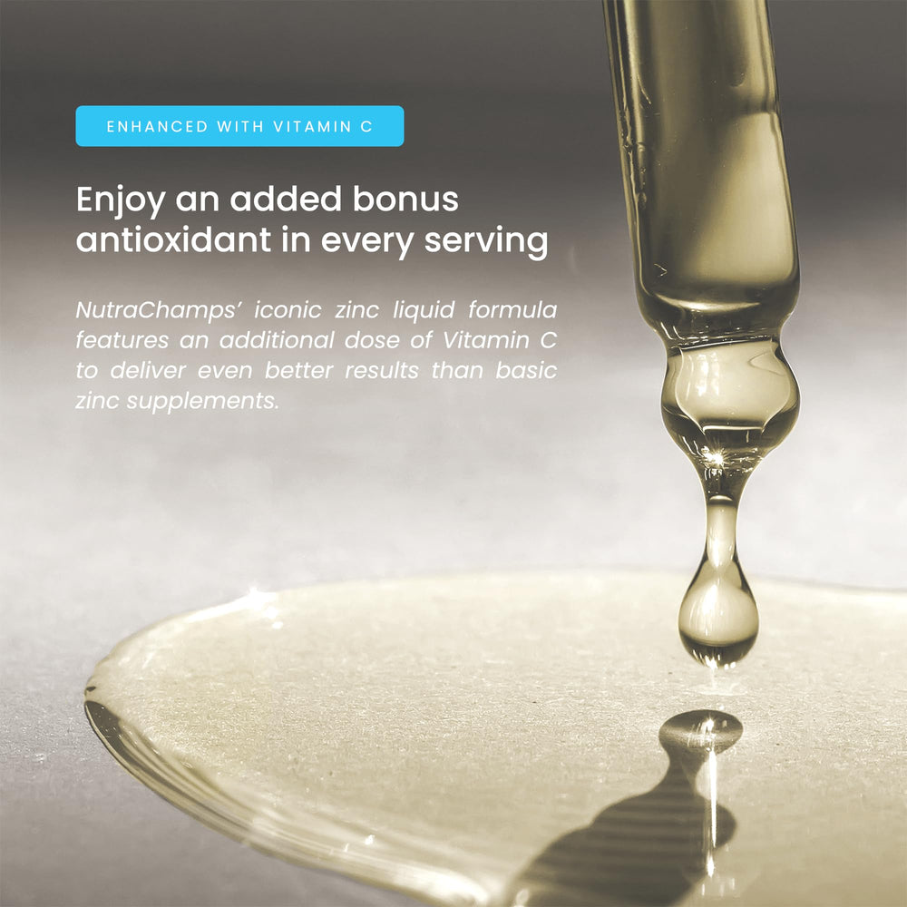 NutraChamps zinc drops image featuring daily immune support routine.