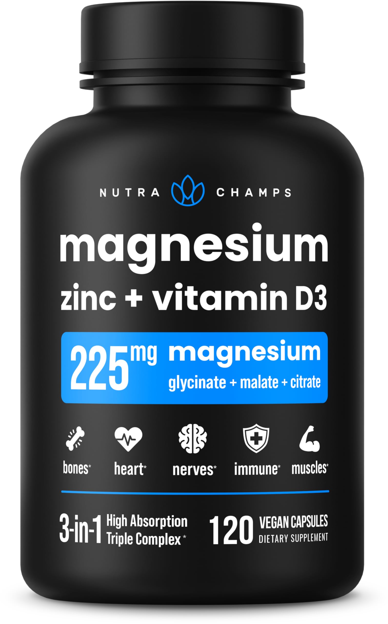 NutraChamps magnesium zinc vitamin D3 capsules bottle highlighting daily immune and bone support.