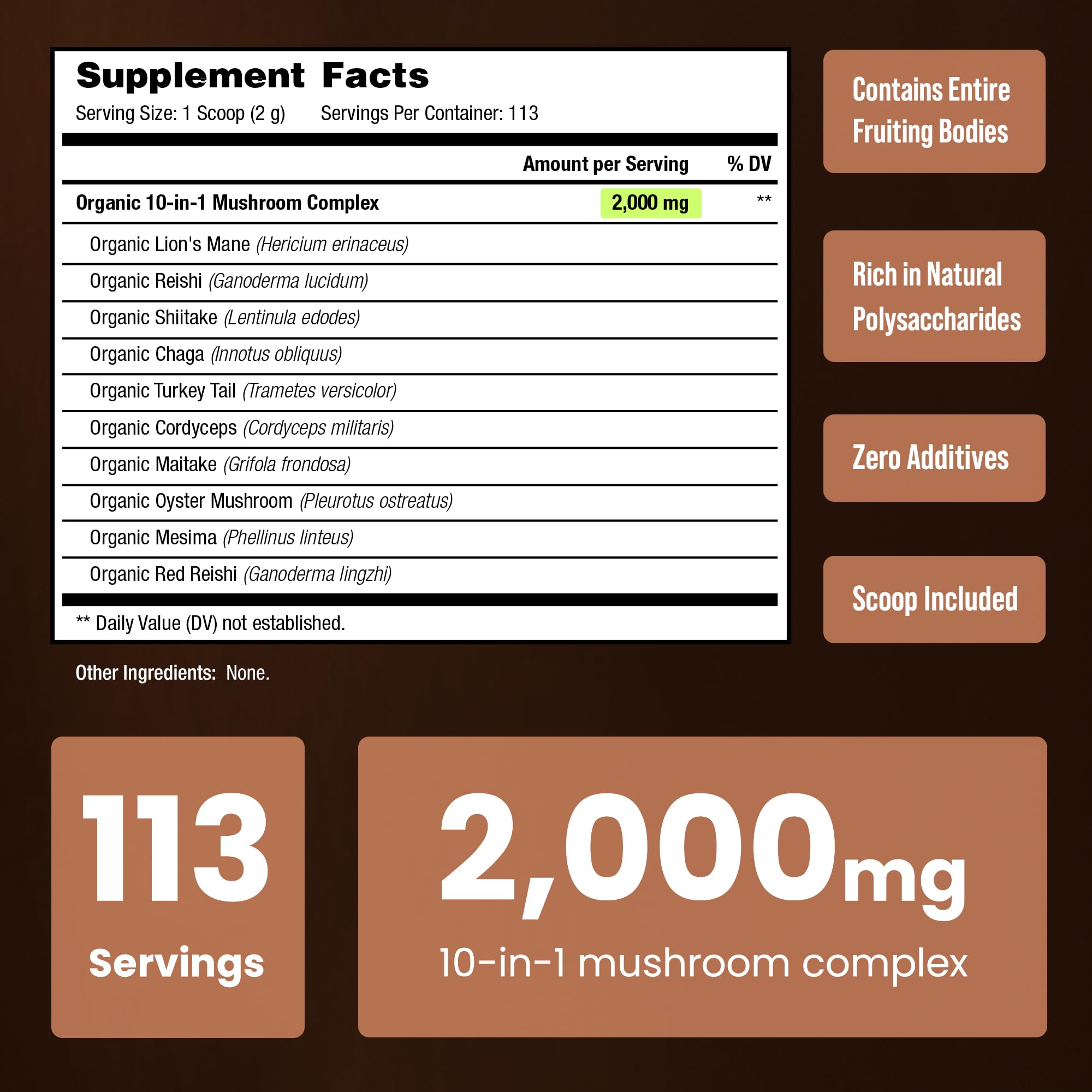 NutraChamps Organic Mushroom Powder bottle side view showing 10-in-1 blend.