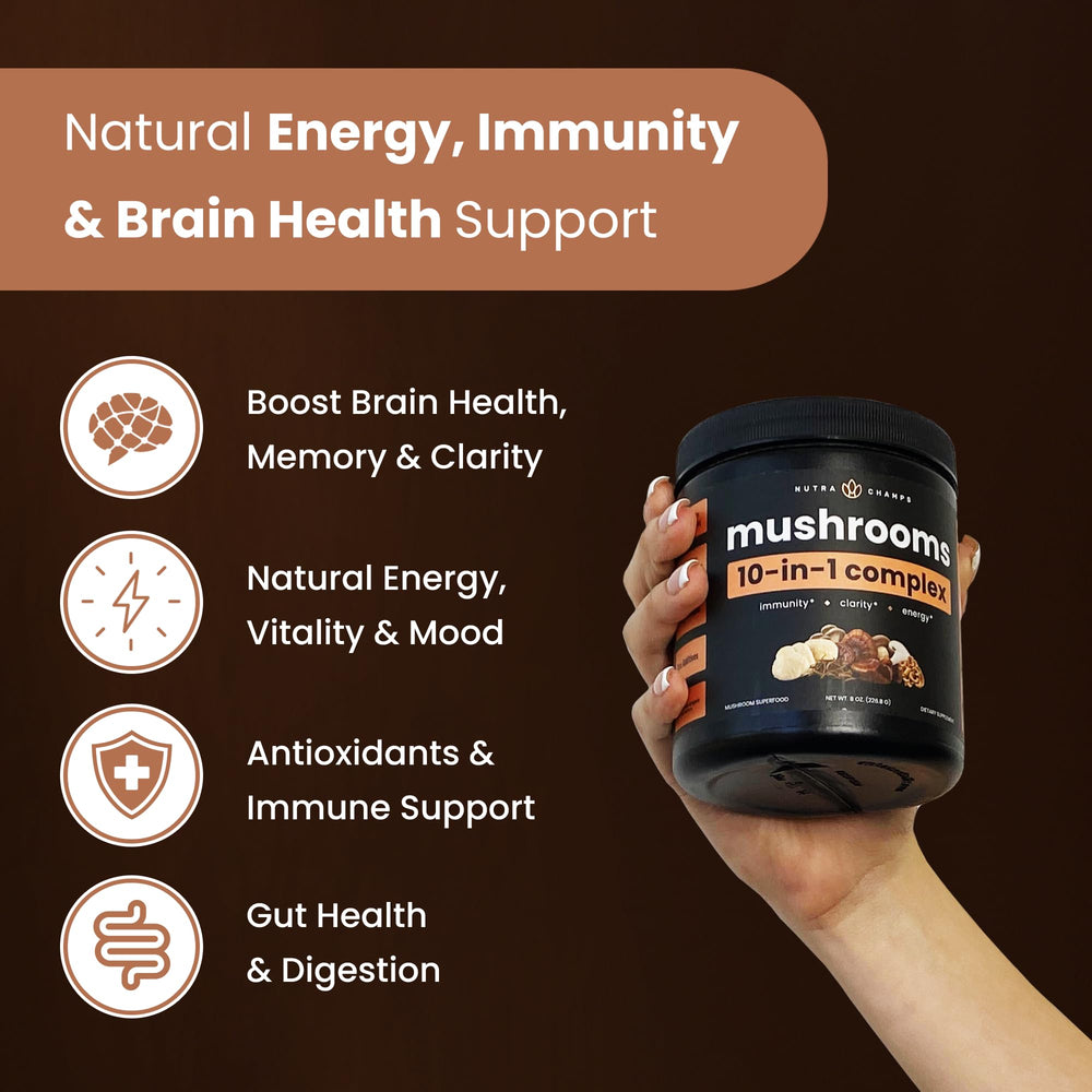 NutraChamps Organic Mushroom Powder cup in-use showing mix-ready powder.