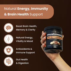NutraChamps Organic Mushroom Powder cup in-use showing mix-ready powder.