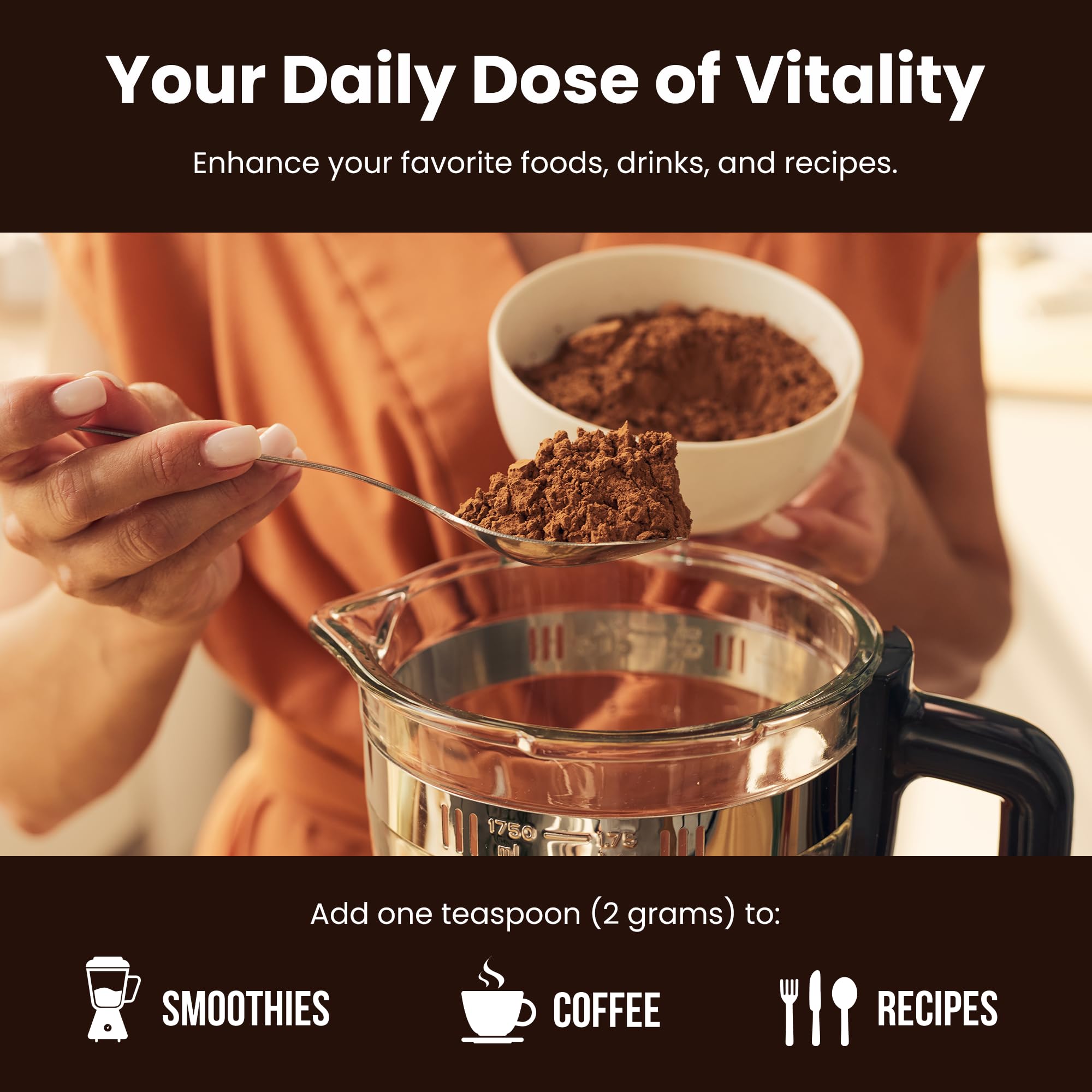 NutraChamps Organic Mushroom Powder dispensing scoop over glass jar.