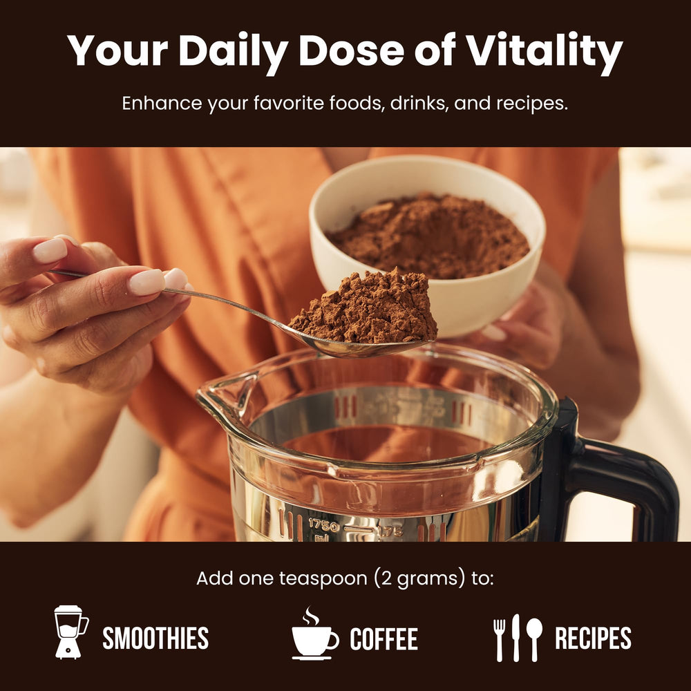 NutraChamps Organic Mushroom Powder dispensing scoop over glass jar.
