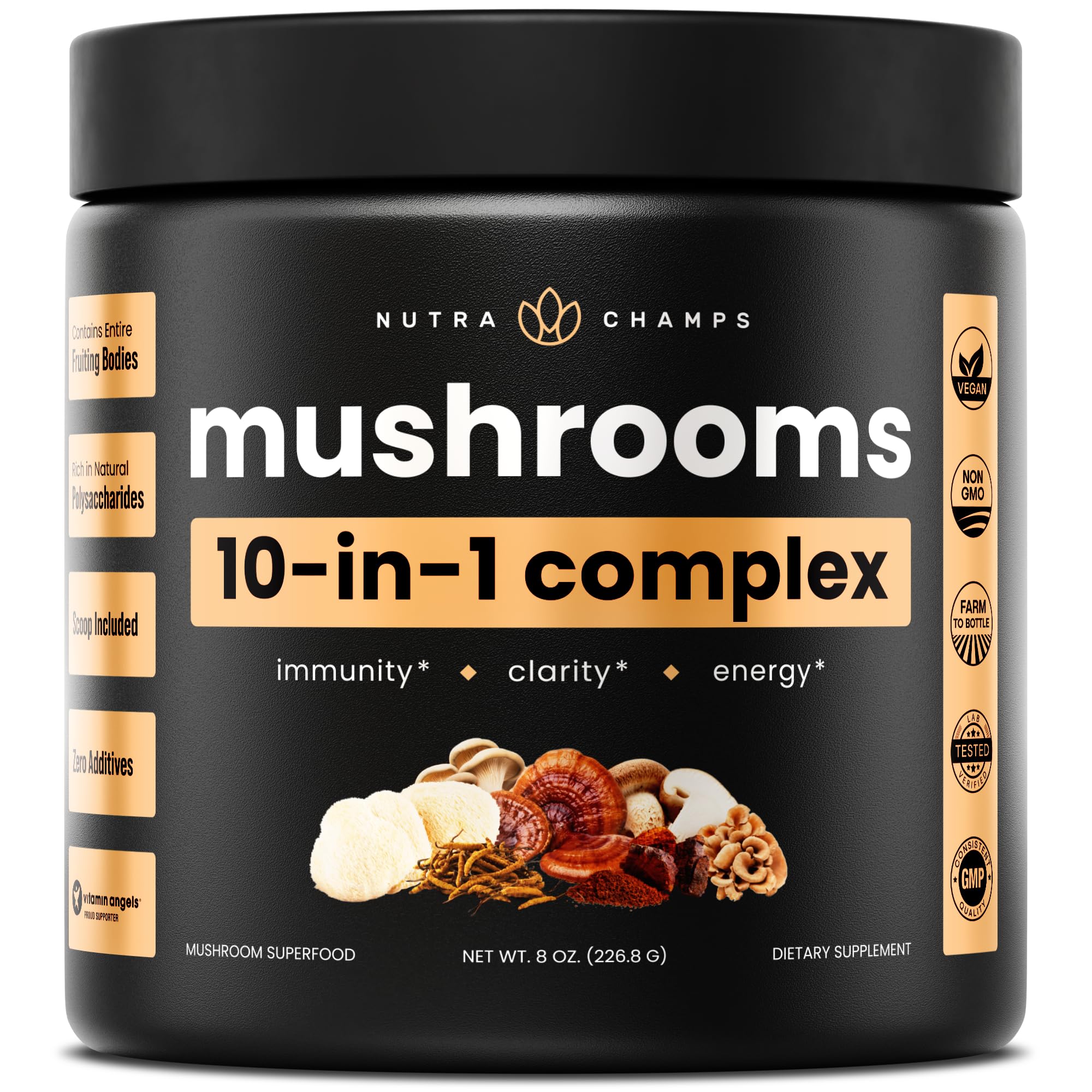 NutraChamps Organic Mushroom Powder jar front view with clean label; potential immune support.