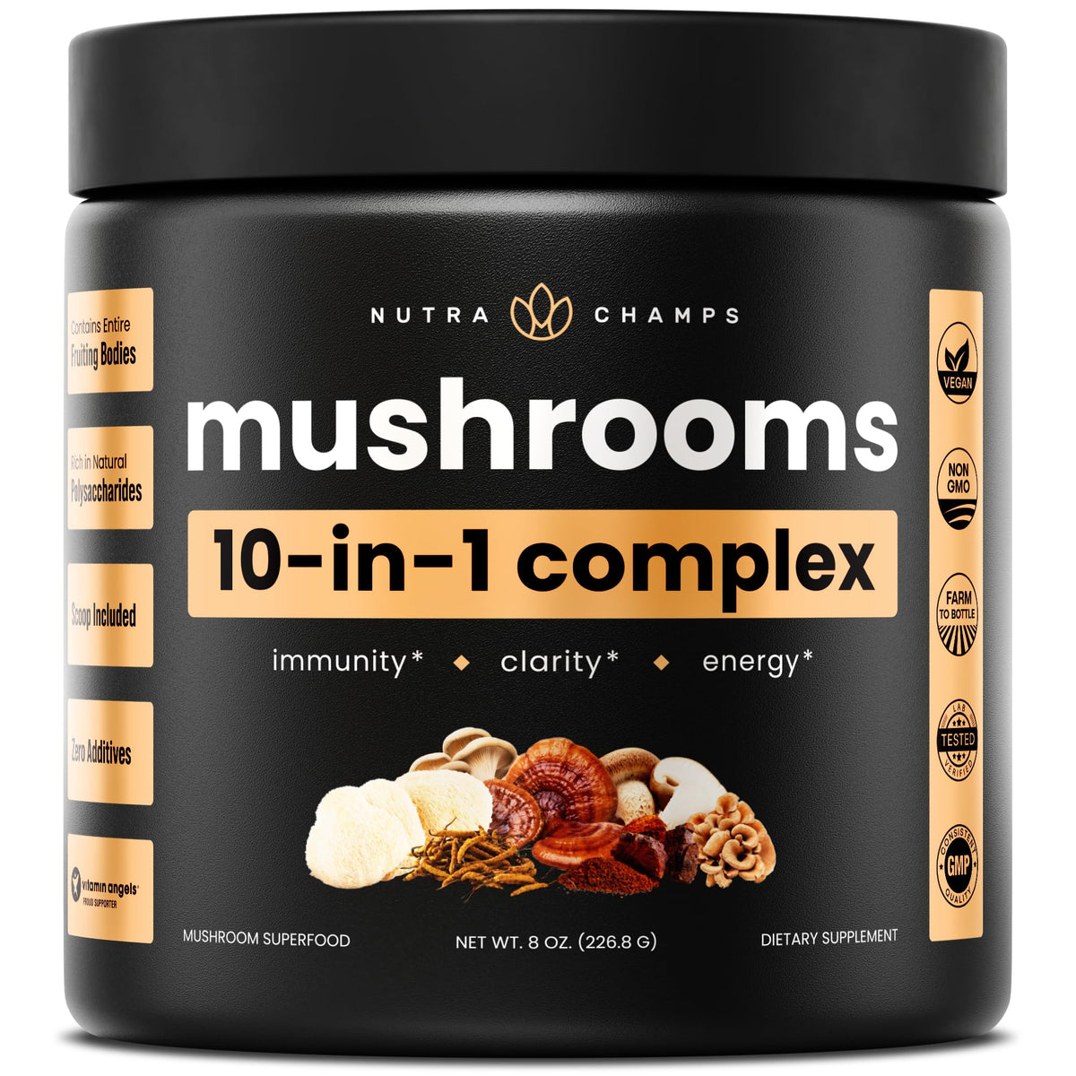 NutraChamps Organic Mushroom Powder jar front view with clean label; potential immune support.