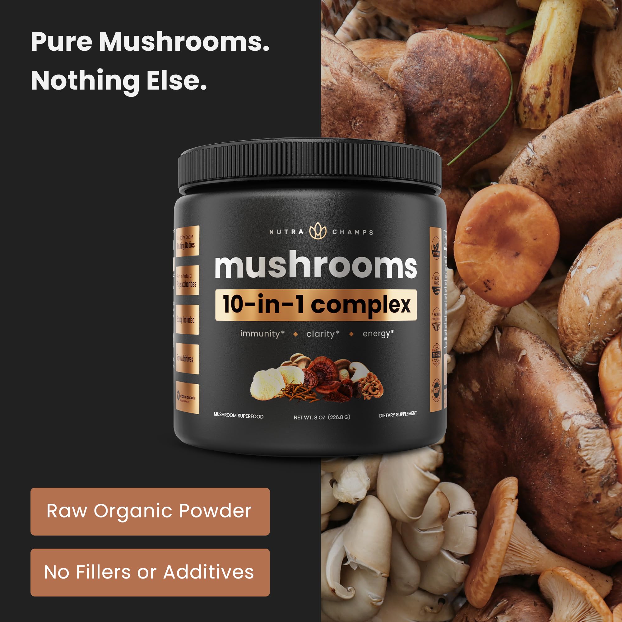 NutraChamps Organic Mushroom Powder label closeup highlighting ingredients.