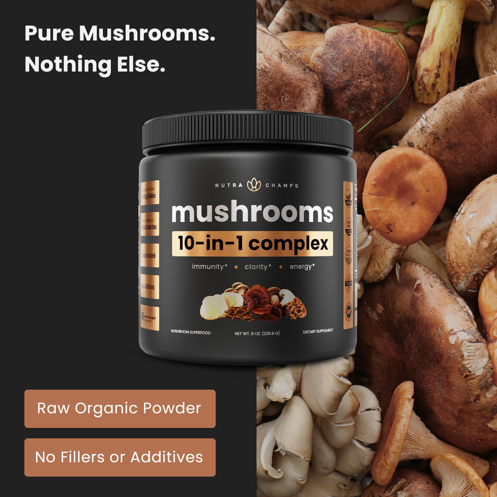 NutraChamps Organic Mushroom Powder label closeup highlighting ingredients.