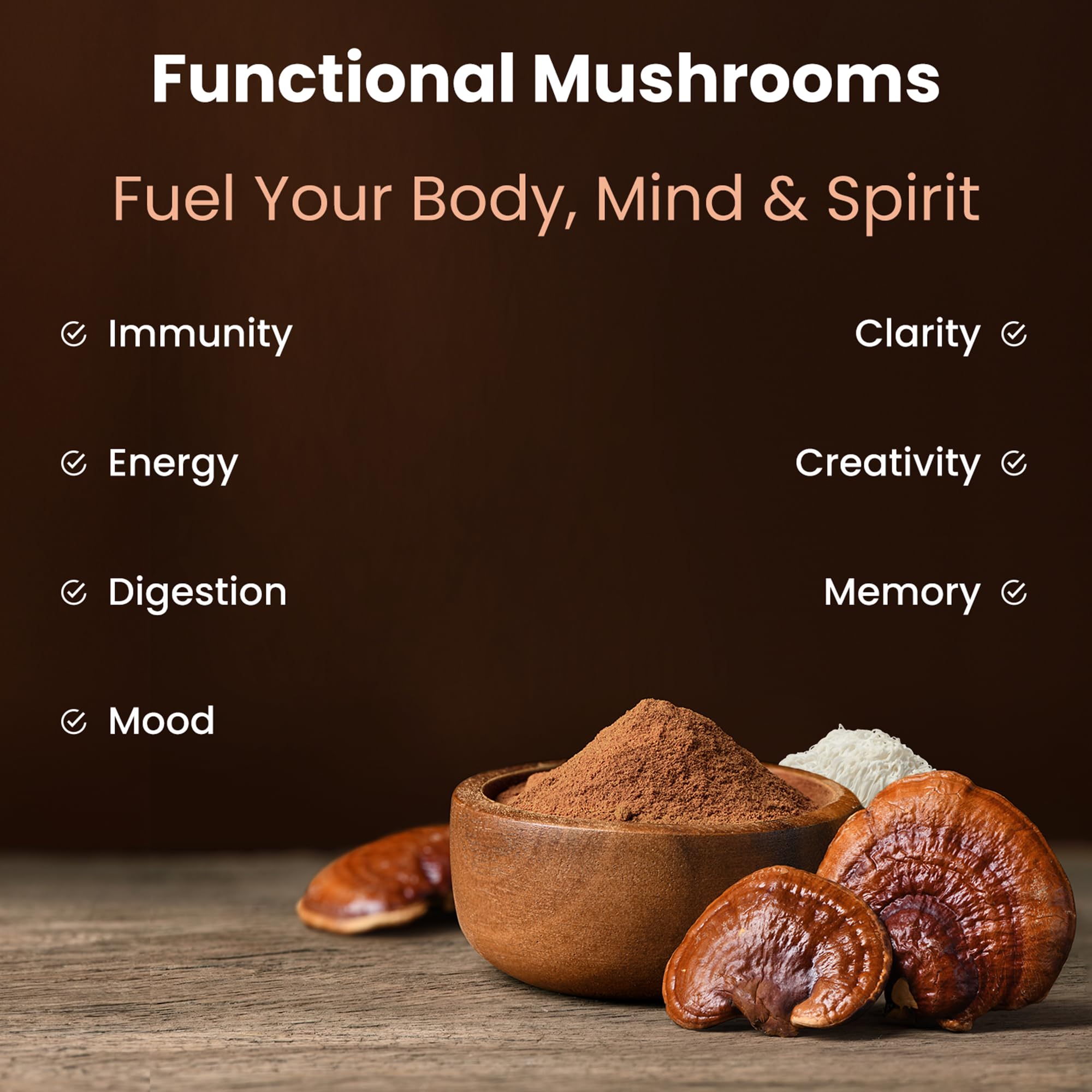 NutraChamps Organic Mushroom Powder tea cup demonstrating easy beverage mix.