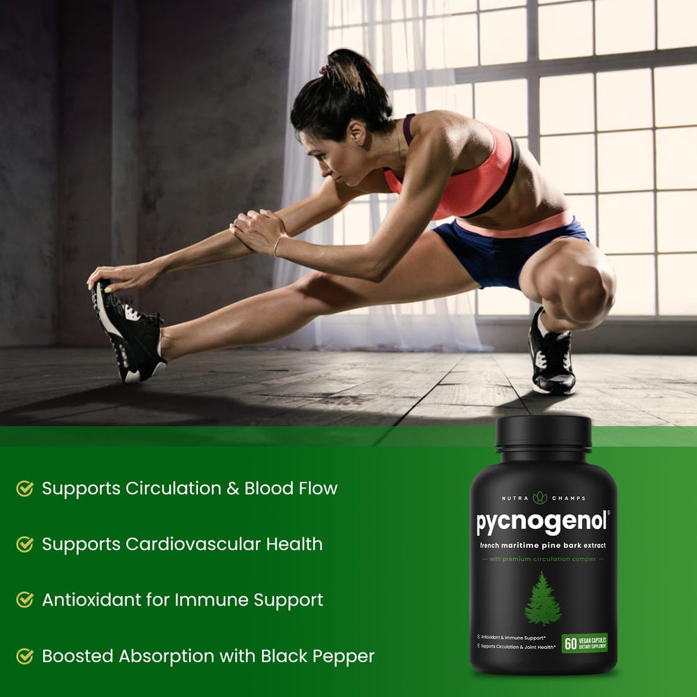 NutraChamps Pycnogenol bottle with black pepper indicates enhanced absorption.