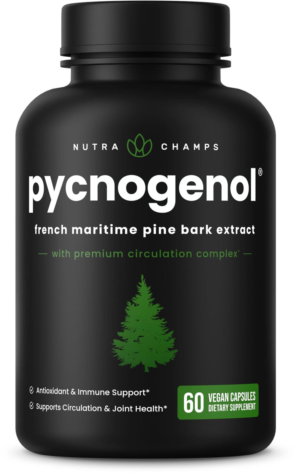 NutraChamps Pycnogenol bottle with pour highlighting circulation support potential.
