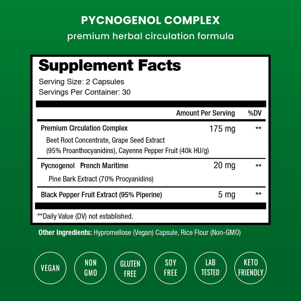 NutraChamps Pycnogenol capsules close-up highlighting premium pine bark extract.