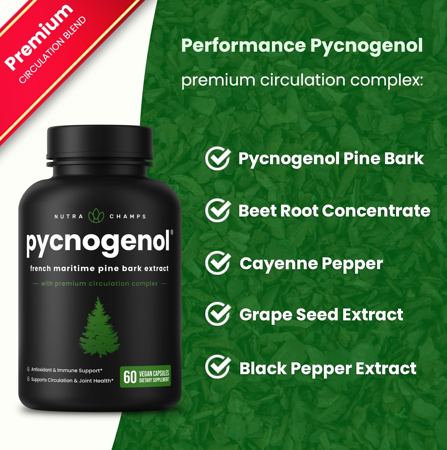 NutraChamps Pycnogenol label close-up emphasizes patented extract and absorption benefits.