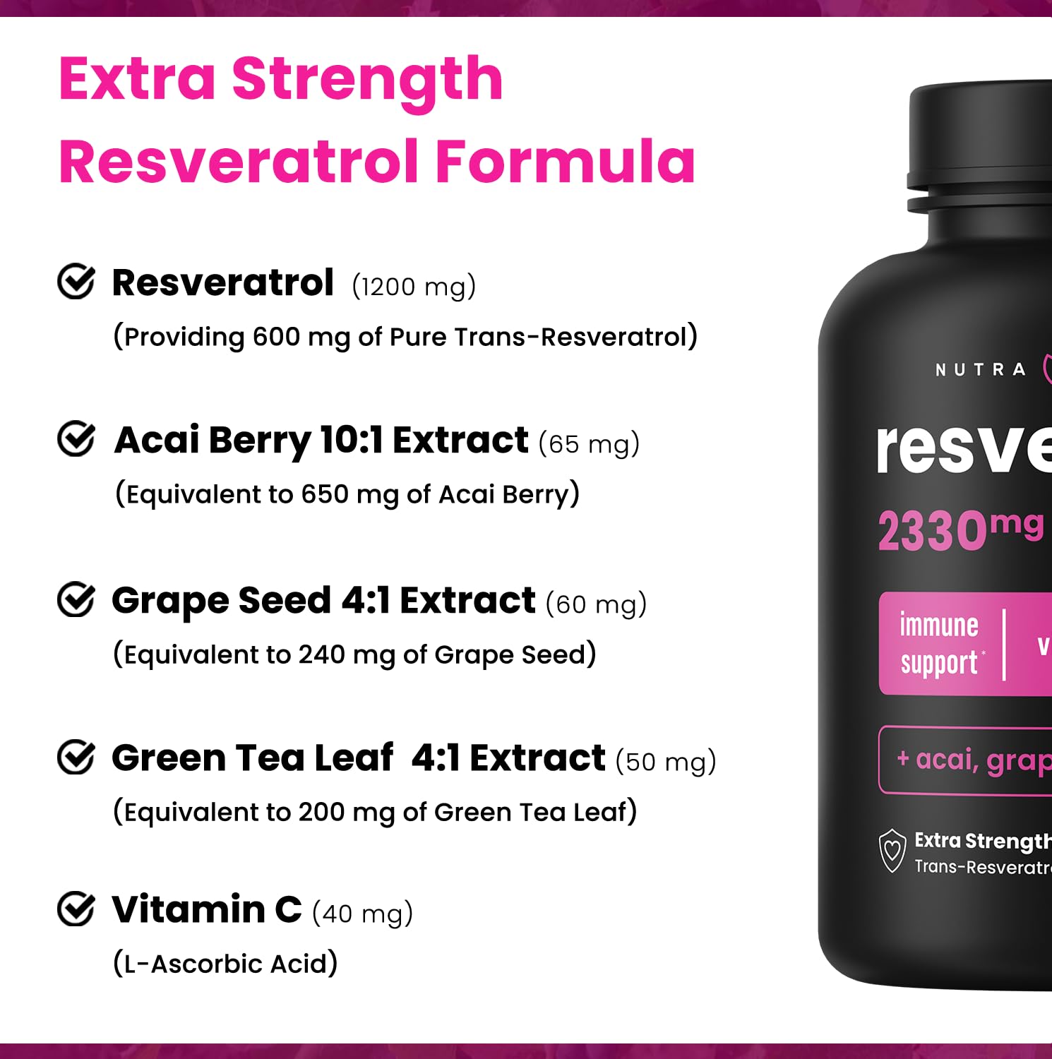NutraChamps Resveratrol bottle label highlights vitamin C synergy.