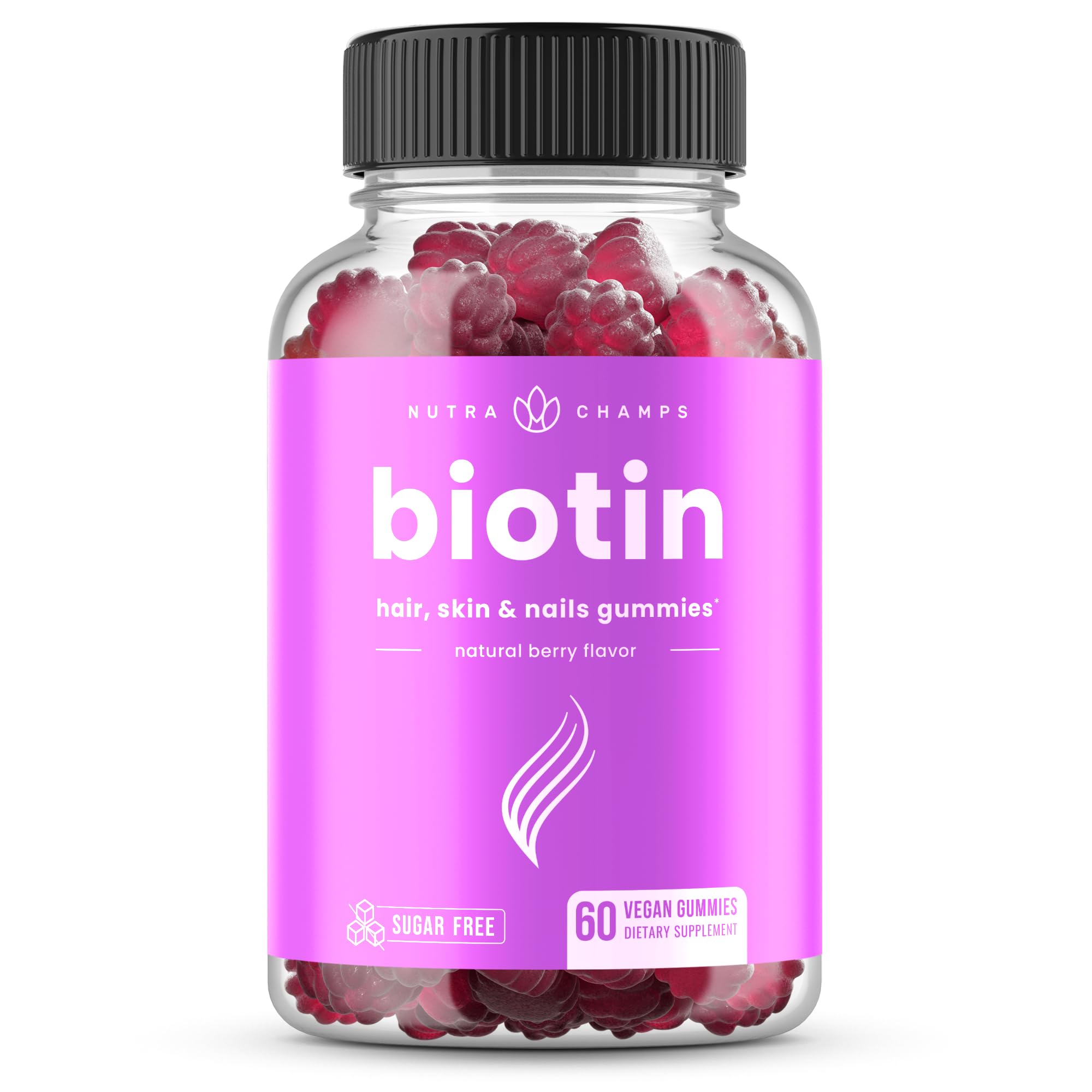 NutraChamps biotin gummies raspberry bottle highlighting sugar-free, high-potency hair and nail support.