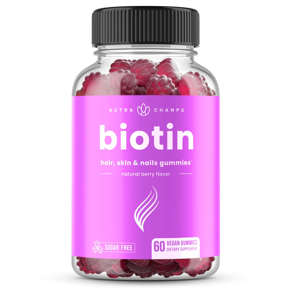 NutraChamps biotin gummies raspberry bottle highlighting sugar-free, high-potency hair and nail support.