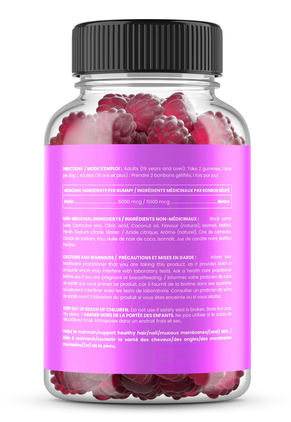NutraChamps biotin gummies close-up showing 5000 mcg per gummy for daily use.