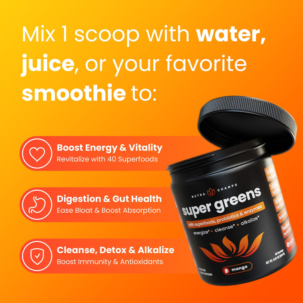 NutraChamps Super Greens daily on-the-go greens for easy consumption.
