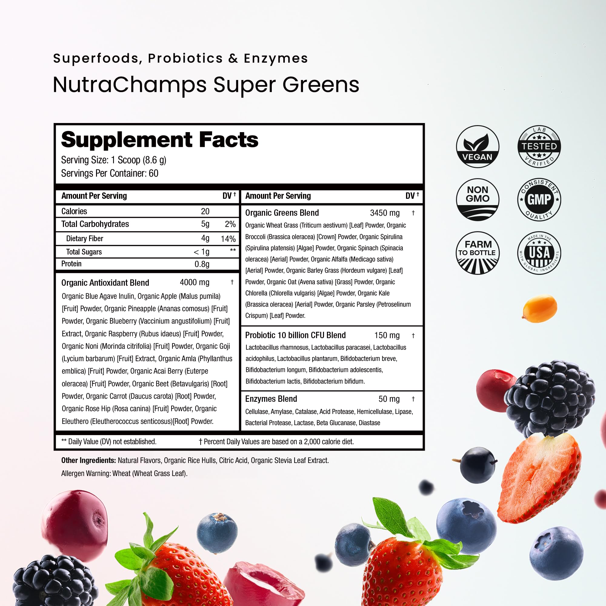 NutraChamps Super Greens fruits-veggies blend image suggests antioxidant support in your routine.
