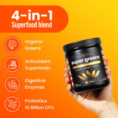 NutraChamps Super Greens glass with shake shows on-the-go hydration.