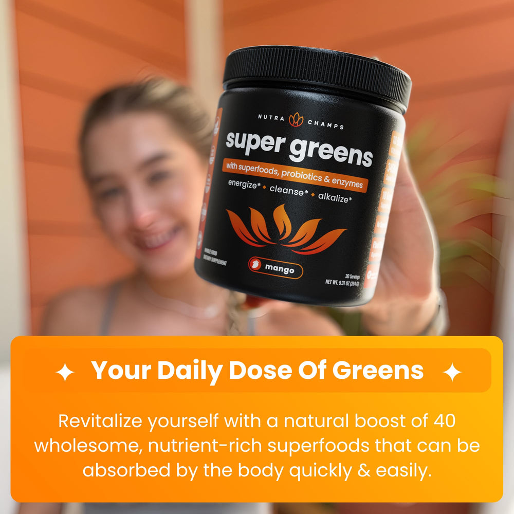 NutraChamps Super Greens label closeup highlights mango flavor and freshness.