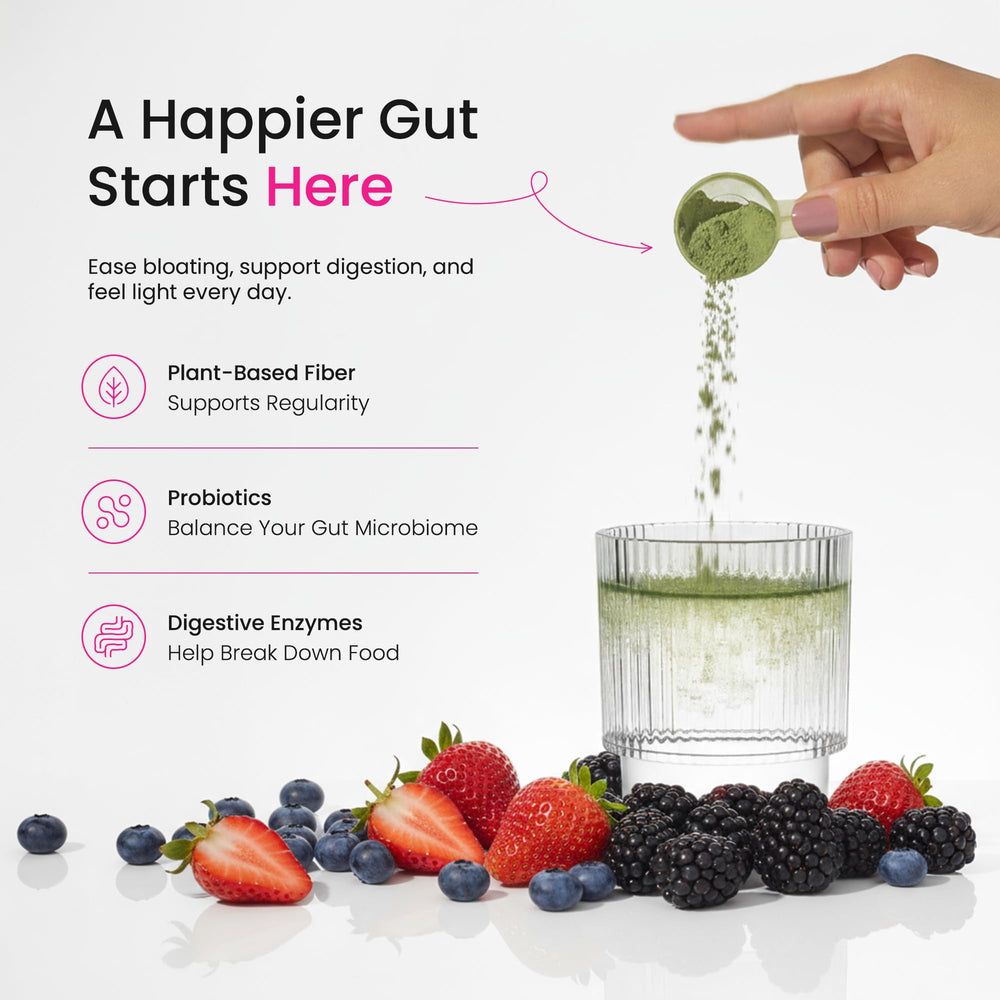 NutraChamps Super Greens mixing glass evokes convenient healthy smoothies.