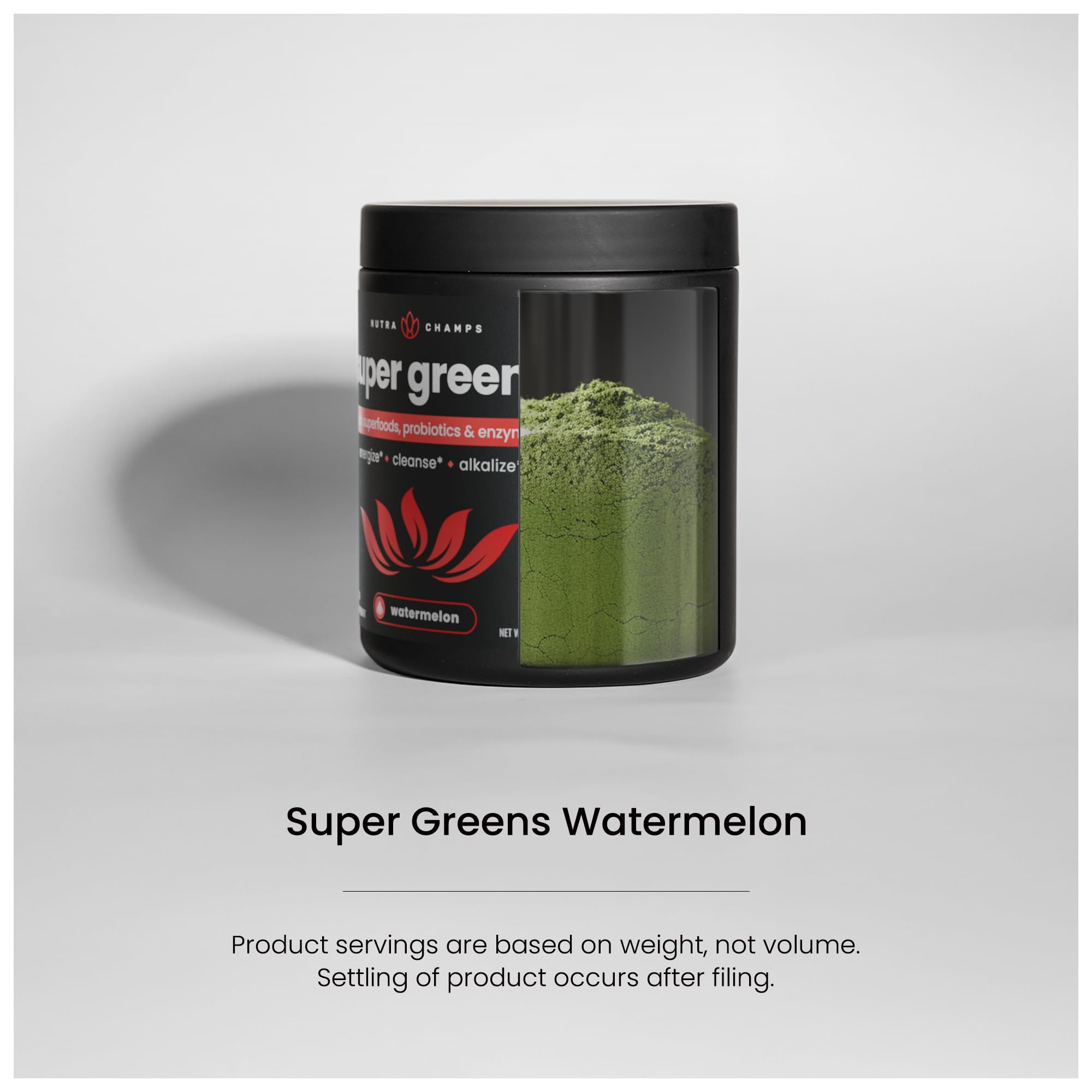 NutraChamps Super Greens powder daily usage in a cup supports easy greens intake.