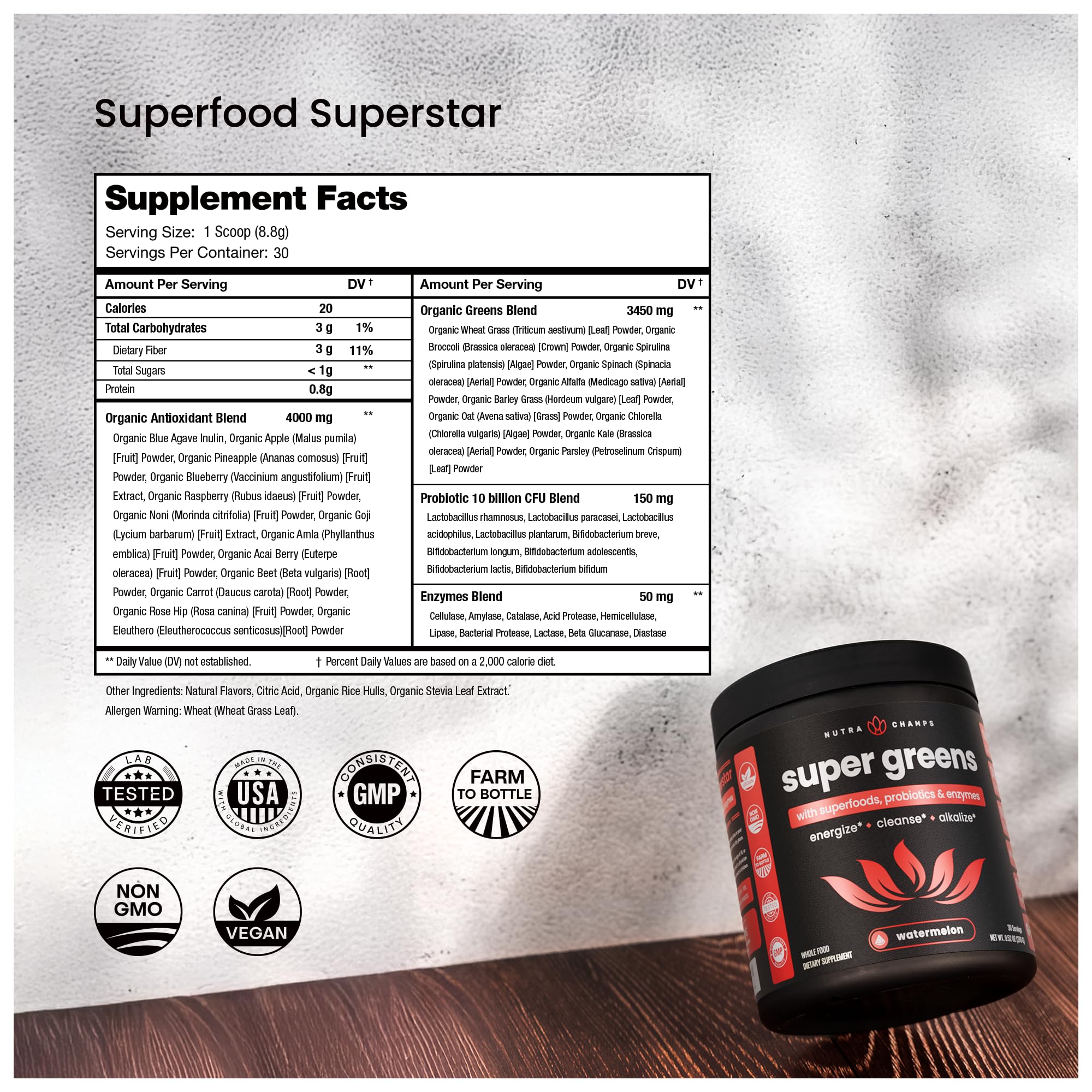 NutraChamps Super Greens powder with spoon emphasizes convenient serving and gut-friendly nutrients.