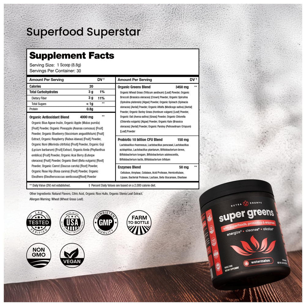NutraChamps Super Greens powder with spoon emphasizes convenient serving and gut-friendly nutrients.