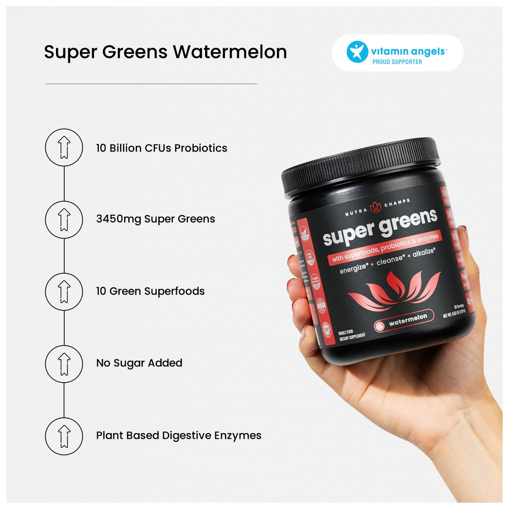 NutraChamps Super Greens powder in a glass shows fast dissolution for refreshing hydration.